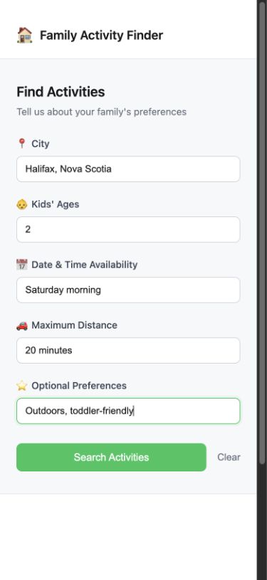 Family Activity Finder mobile form