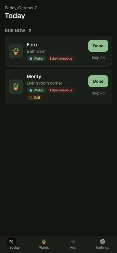 Plant Care on mobile showing plants due for care